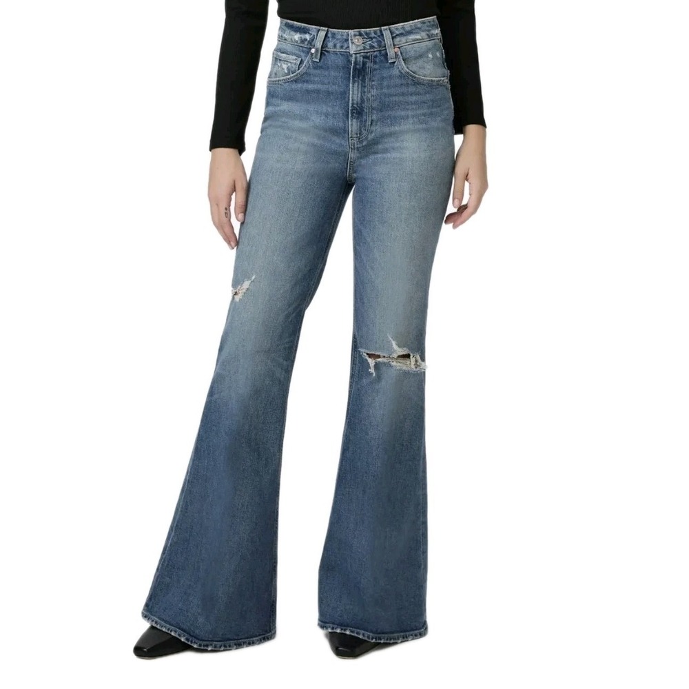 PAIGE Charlie Blue Note Destructed Flare Jeans Women's 28 Distressed Bell Bottom